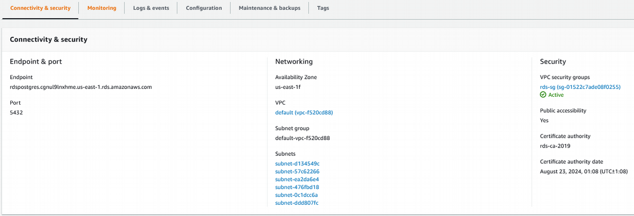 Migrate Postgres Database to AWS RDS using DMS 15 Instance details